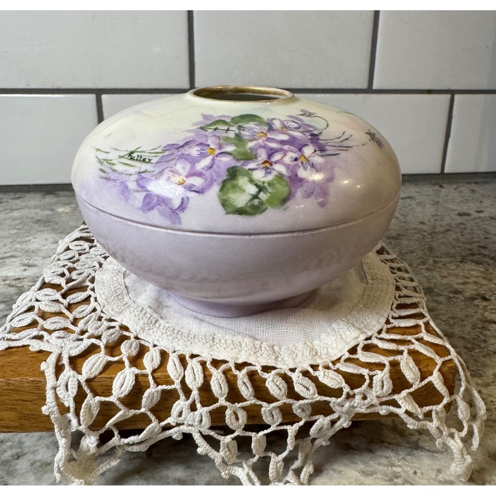 Antique T&V Limoges France Hand Painted Violet Porcelain Hair Receiver Signed